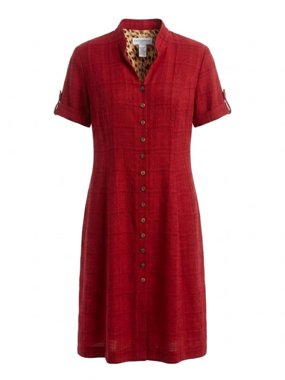 Sag Harbor Dress 10 Red Midi Button Front Short Sleeve Leopard Trim Shirt 90s